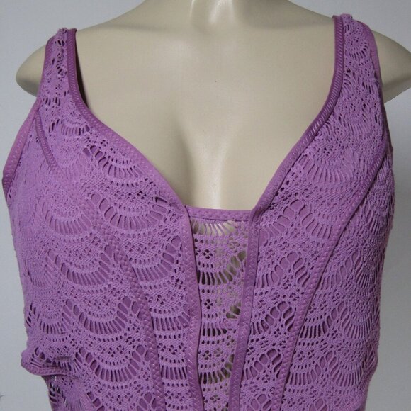 BECCA BY REBECCA 2X  Virtue Mauve Purple CROCHET One Piece Plunge Swim suit - Picture 2 of 11